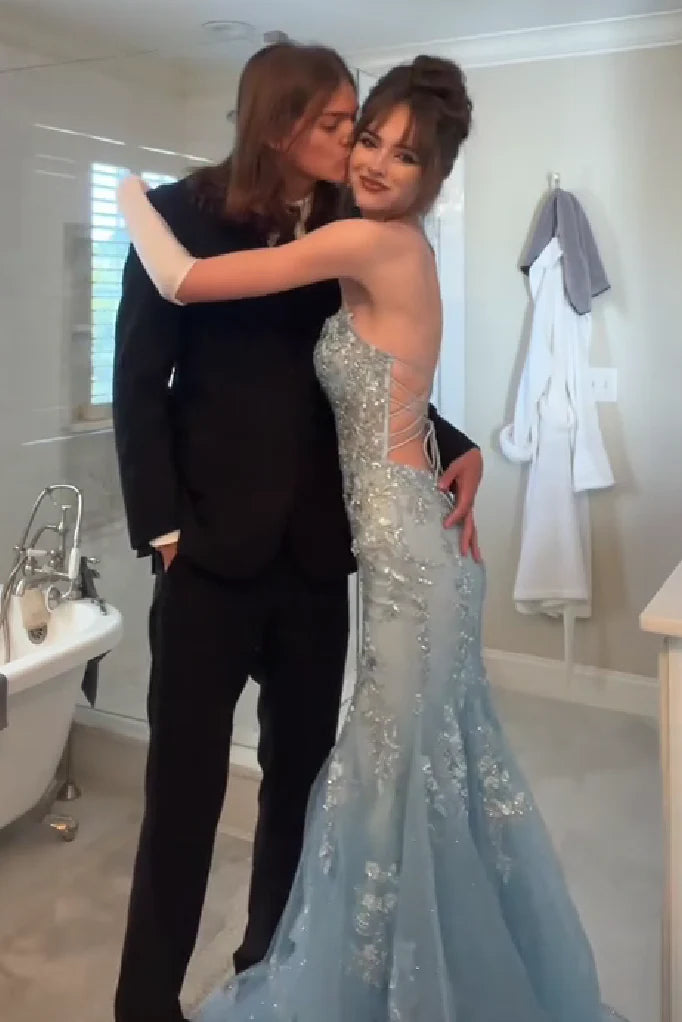 Light Blue Spaghetti Strap Corset Lace Up Back Sequin Mermaid Long Prom Dress