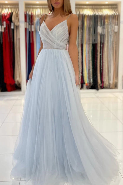 Light Blue Spaghetti Strap Prom Dress With Beaded Bodice Low Open Back And Flowy Tulle A Line Formal Prom Dress