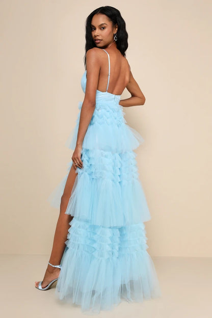 Light Blue Spaghetti Strap Prom Dress With Pleated V Neck Tiered Tulle And High Slit Formal Prom Dress