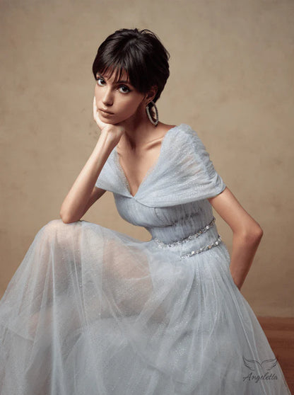 Light Blue Sparkle Tulle Maxi Dresses with Off Shoulder V Neck Beaded Belt and Full Skirt
