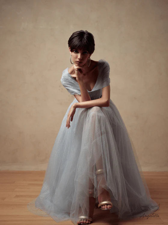 Light Blue Sparkle Tulle Maxi Dresses with Off Shoulder V Neck Beaded Belt and Full Skirt