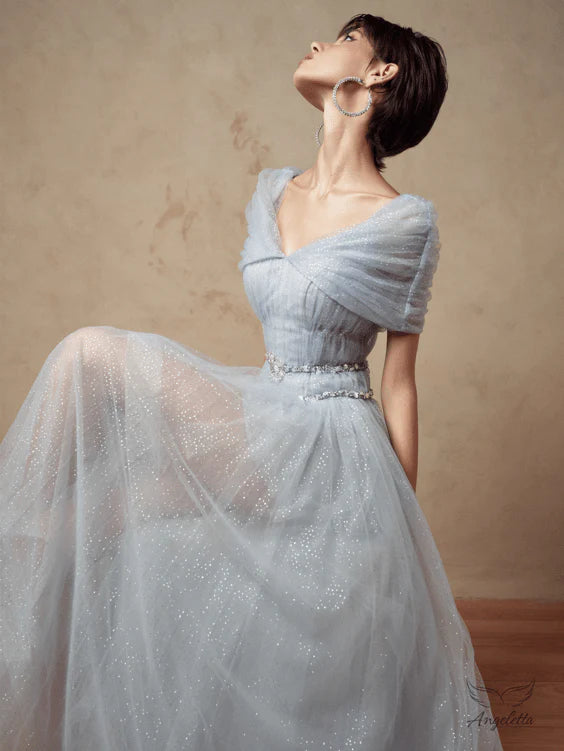 Light Blue Sparkle Tulle Maxi Dresses with Off Shoulder V Neck Beaded Belt and Full Skirt