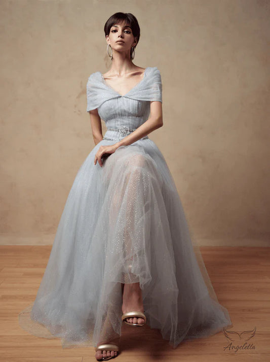 Light Blue Sparkle Tulle Maxi Dresses with Off Shoulder V Neck Beaded Belt and Full Skirt