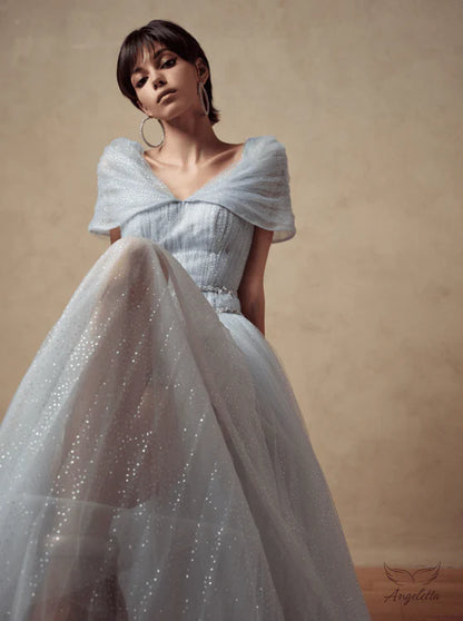 Light Blue Sparkle Tulle Maxi Dresses with Off Shoulder V Neck Beaded Belt and Full Skirt