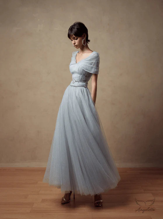 Light Blue Sparkle Tulle Maxi Dresses with Off Shoulder V Neck Beaded Belt and Full Skirt