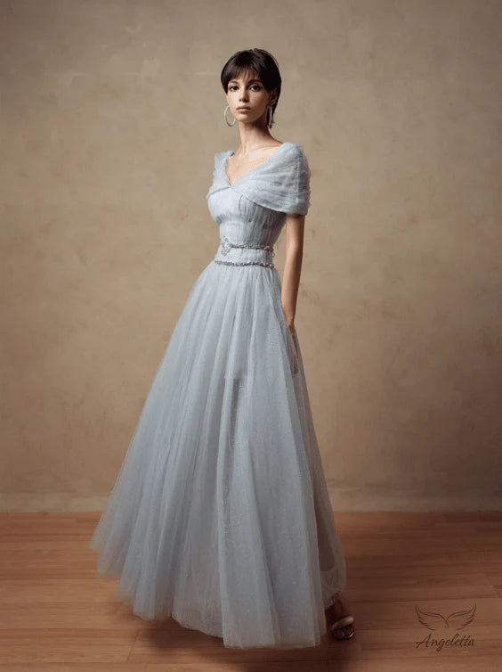 Light Blue Sparkle Tulle Maxi Dresses with Off Shoulder V Neck Beaded Belt and Full Skirt