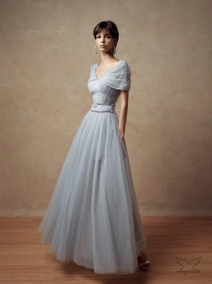 Light Blue Sparkle Tulle Maxi Dresses with Off Shoulder V Neck Beaded Belt and Full Skirt