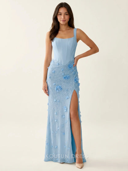 Light Blue Square Neck Corset Top 3D Floral Beaded Lace-Up Back Formal Evening Prom Dress With Slit