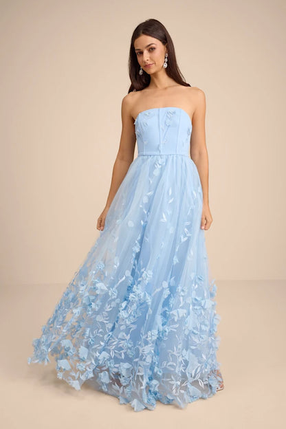 Light Blue Strapless Prom Dress With 3D Floral Applique Corset Bodice And A Line Tulle Formal Prom Dress
