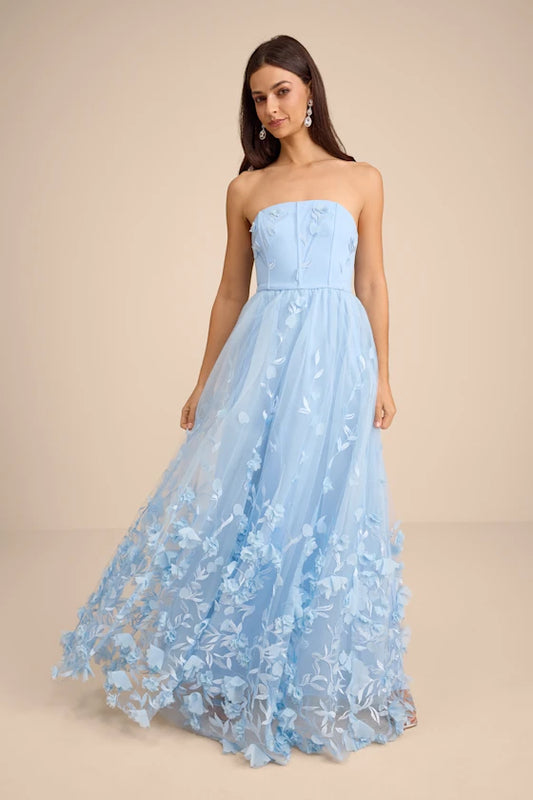Light Blue Strapless Prom Dress With 3D Floral Applique Corset Bodice And A Line Tulle Formal Prom Dress
