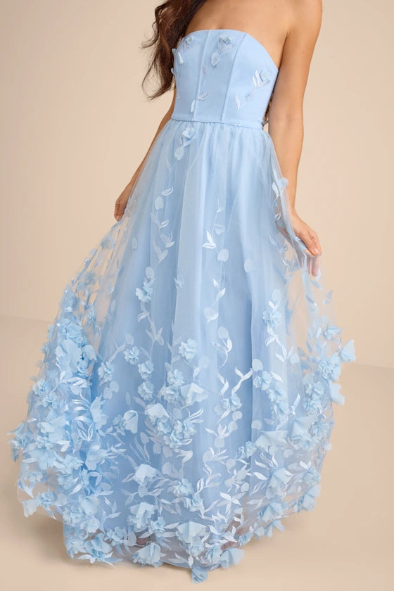 Light Blue Strapless Prom Dress With 3D Floral Applique Corset Bodice
