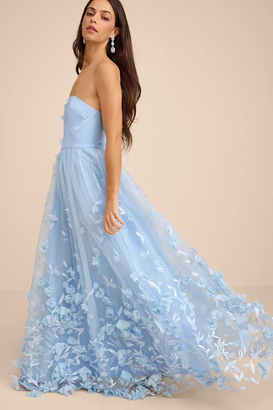 Light Blue Strapless Prom Dress With 3D Floral Applique Corset Bodice And A Line Tulle Formal Prom Dress