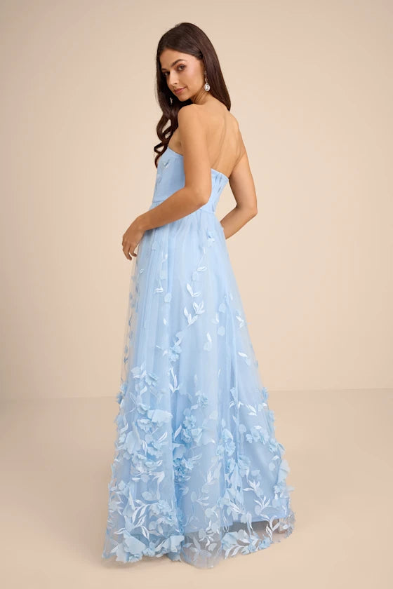 Light Blue Strapless Prom Dress With 3D Floral Applique Corset Bodice And A Line Tulle Formal Prom Dress