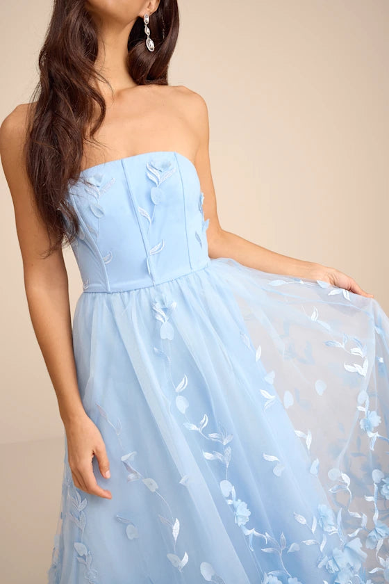 Light Blue Strapless Prom Dress With 3D Floral Applique Corset Bodice And A Line Tulle Formal Prom Dress