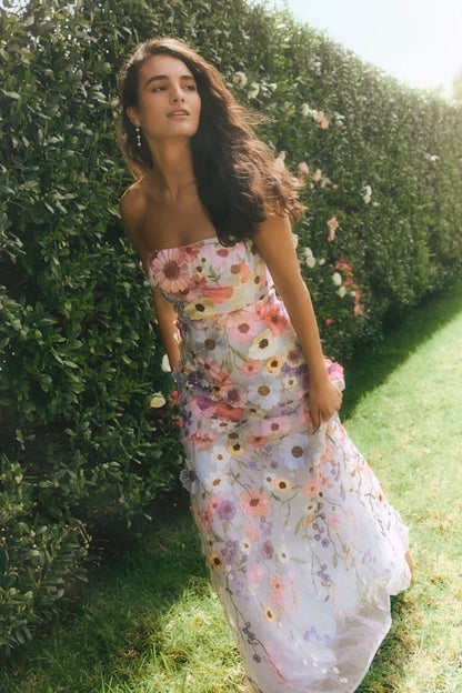 Light Blue Strapless Prom Dress With Multicolor 3D Floral Embroidery And Tulle A Line Formal Prom Dress