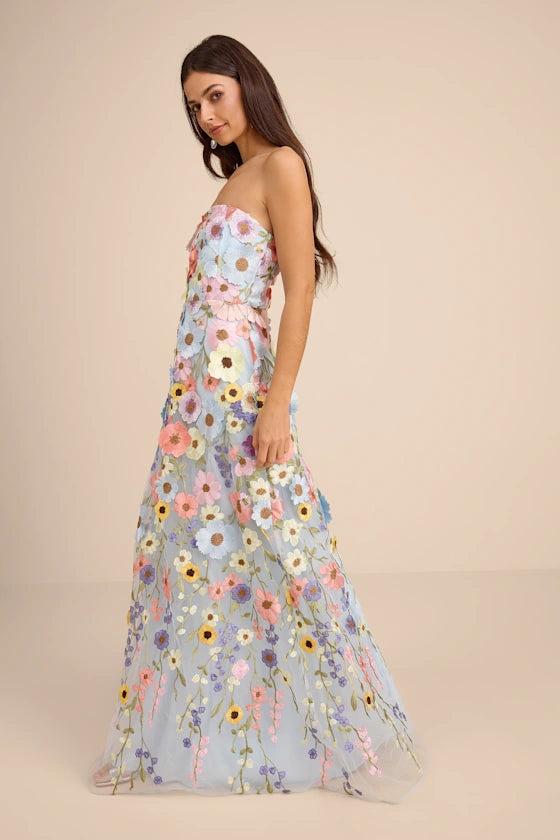 Light Blue Strapless Prom Dress With Multicolor 3D Floral Embroidery And Tulle A Line Formal Prom Dress