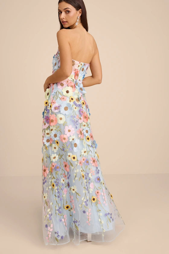Light Blue Strapless Prom Dress With Multicolor 3D Floral Embroidery And Tulle A Line Formal Prom Dress
