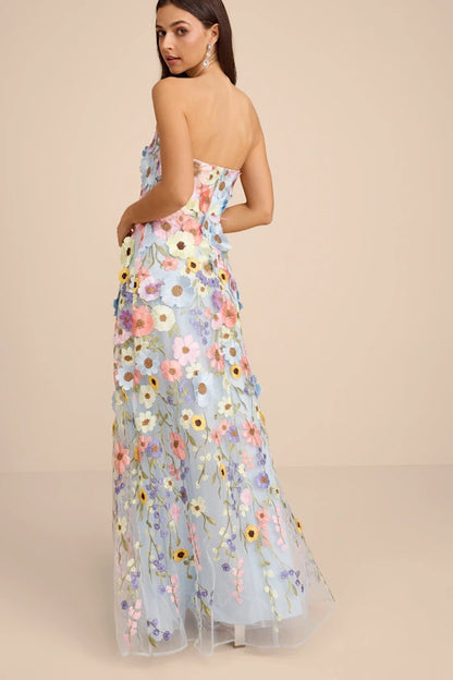 Light Blue Strapless Prom Dress With Multicolor 3D Floral Embroidery And Tulle A Line Formal Prom Dress