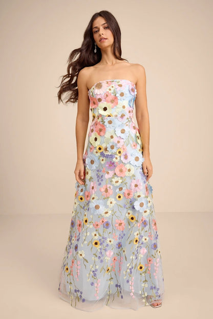 Light Blue Strapless Prom Dress With Multicolor 3D Floral Embroidery And Tulle A Line Formal Prom Dress