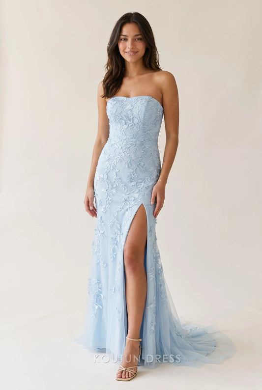 Light Blue Strapless Sweetheart Neck 3D Floral Lace Embroidery High Slit Mermaid Bodycon Long Prom Dress with Train