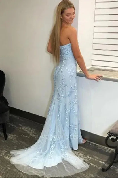 Light Blue Strapless Sweetheart Neck 3D Floral Lace Embroidery High Slit Mermaid Bodycon Long Prom Dress with Train