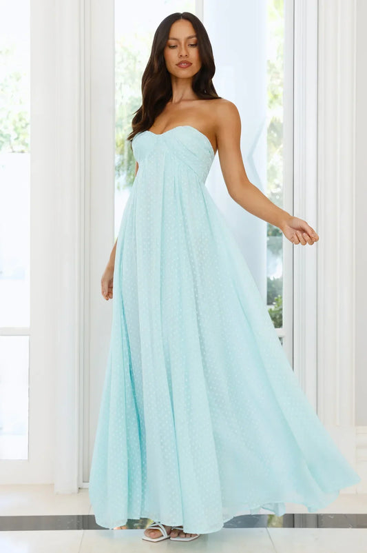 Light Blue Strapless Sweetheart Polka Dot Empire Waist Floor Length Formal Evening Prom Dress