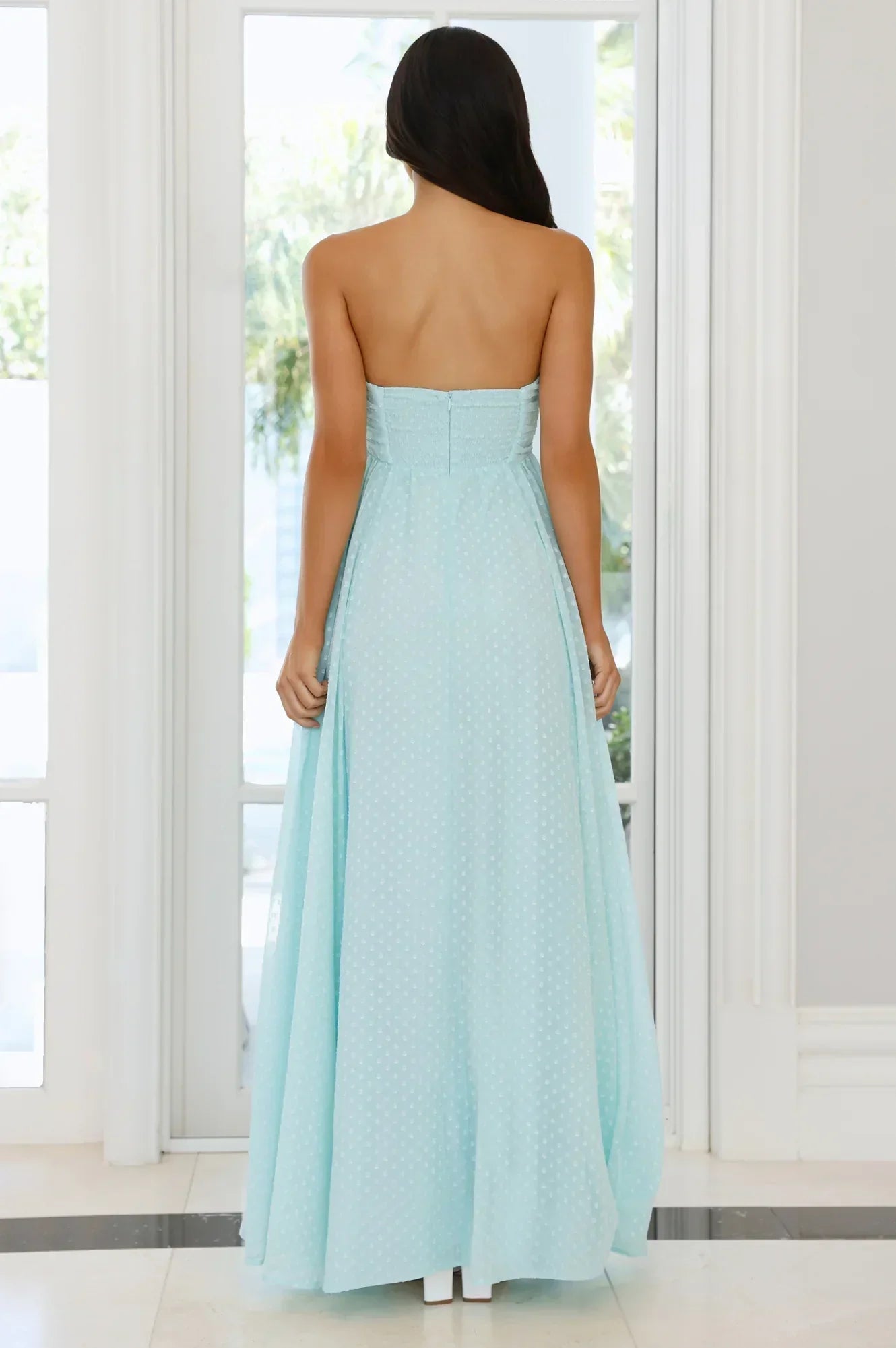 Light Blue Strapless Sweetheart Polka Dot Empire Waist Floor Length Formal Evening Prom Dress