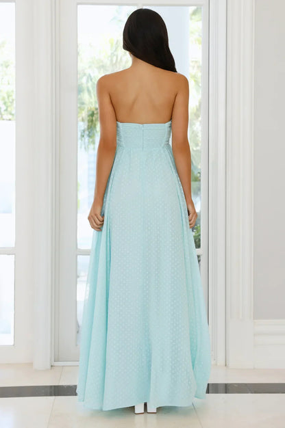 Light Blue Strapless Sweetheart Polka Dot Empire Waist Floor Length Formal Evening Prom Dress
