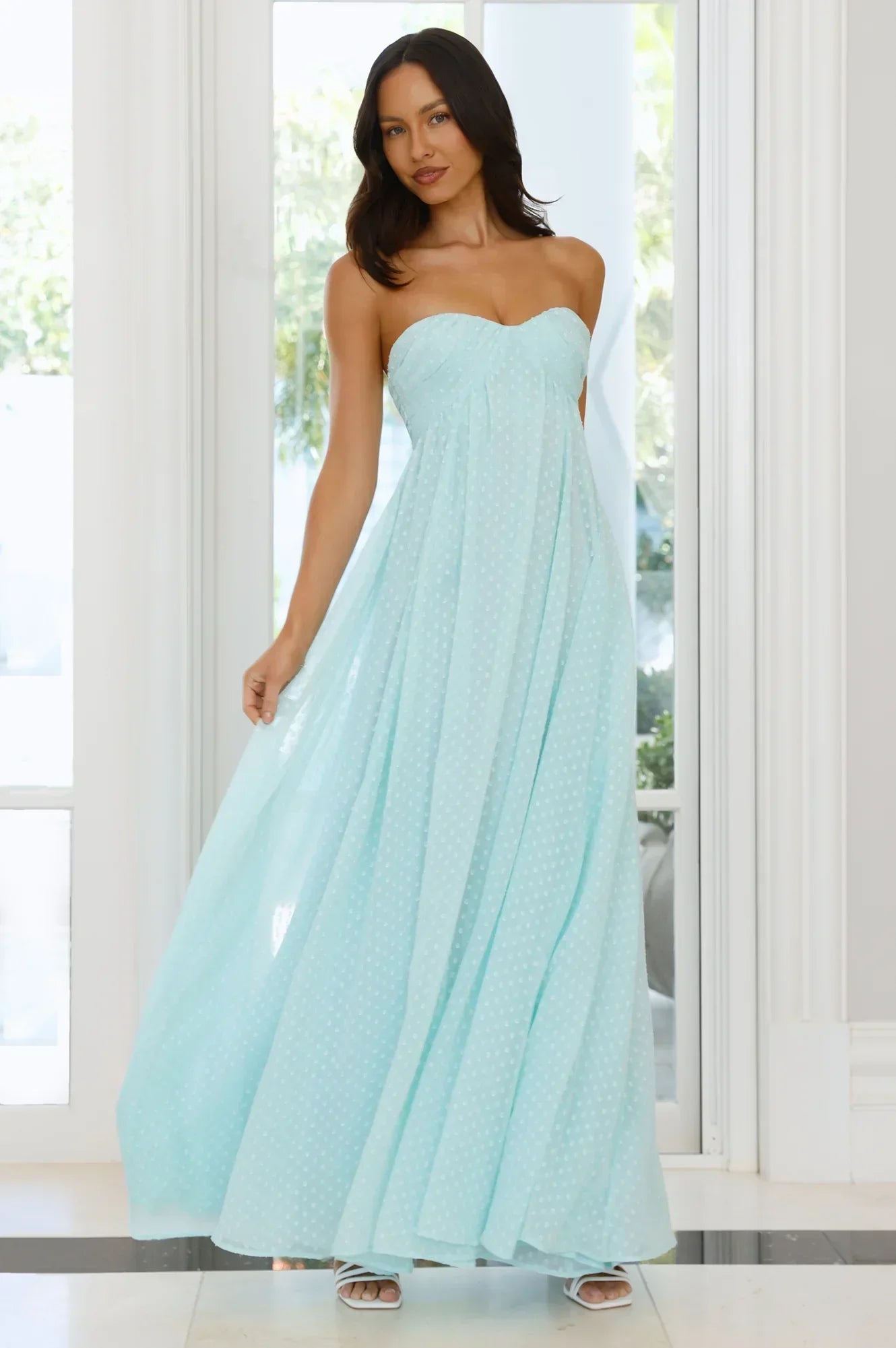 Light Blue Strapless Sweetheart Polka Dot Empire Waist Floor Length Formal Evening Prom Dress