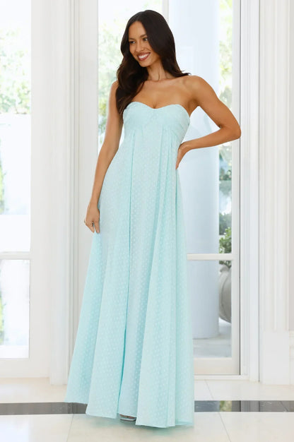 Light Blue Strapless Sweetheart Polka Dot Empire Waist Floor Length Formal Evening Prom Dress