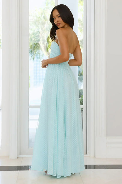 Light Blue Strapless Sweetheart Polka Dot Empire Waist Floor Length Formal Evening Prom Dress