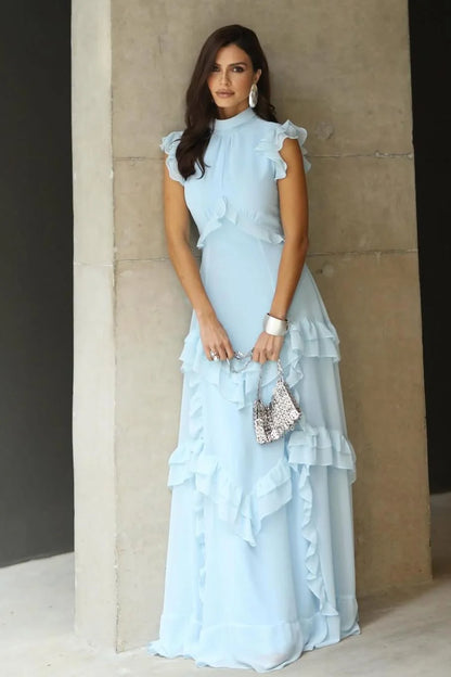 Light Blue Tiered Ruffle Prom Dress with High Neck and Cap Sleeves for Formal Events and Prom Nights