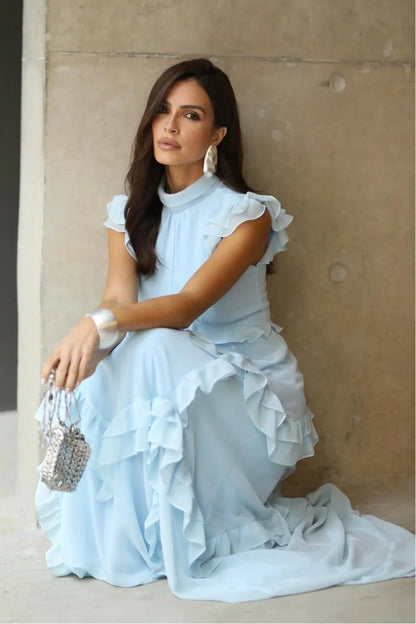 Light Blue Tiered Ruffle Prom Dress with High Neck and Cap Sleeves for Formal Events and Prom Nights