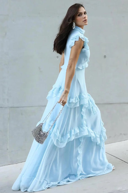 Light Blue Tiered Ruffle Prom Dress with High Neck and Cap Sleeves for Formal Events and Prom Nights