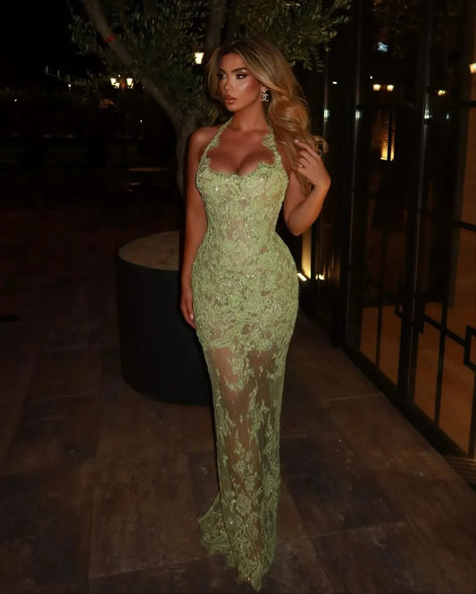 Light Green Halter Neck Sheer Lace Mermaid Long Formal Evening Prom Dress