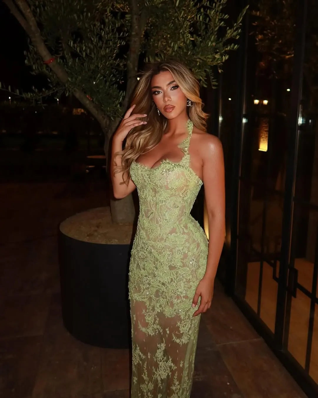 Light Green Halter Neck Sheer Lace Mermaid Long Formal Evening Prom Dress