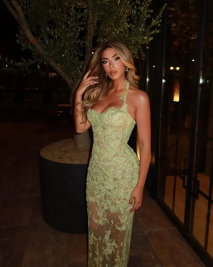 Light Green Halter Neck Sheer Lace Mermaid Long Formal Evening Prom Dress