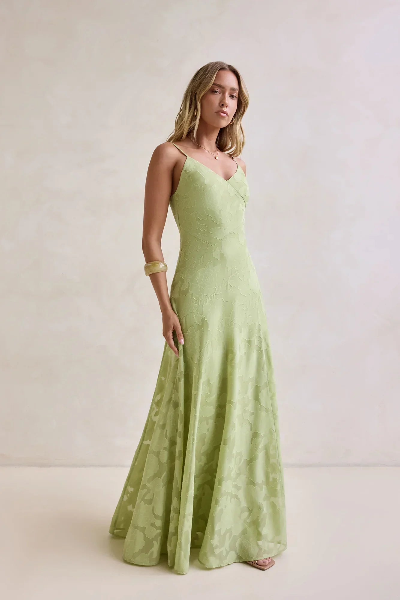 Light Green Spaghetti Strap V Neck Floral Burnout Floor Length Formal Evening Prom Dress