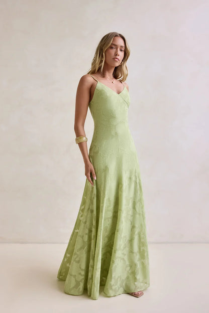 Light Green Spaghetti Strap V Neck Floral Burnout Floor Length Formal Evening Prom Dress