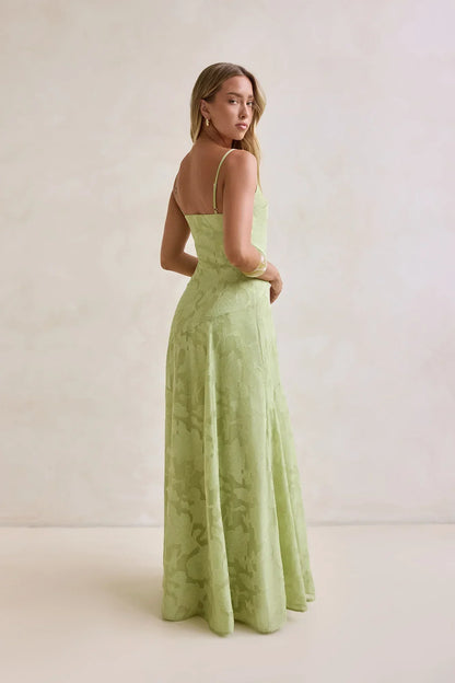 Light Green Spaghetti Strap V Neck Floral Burnout Floor Length Formal Evening Prom Dress