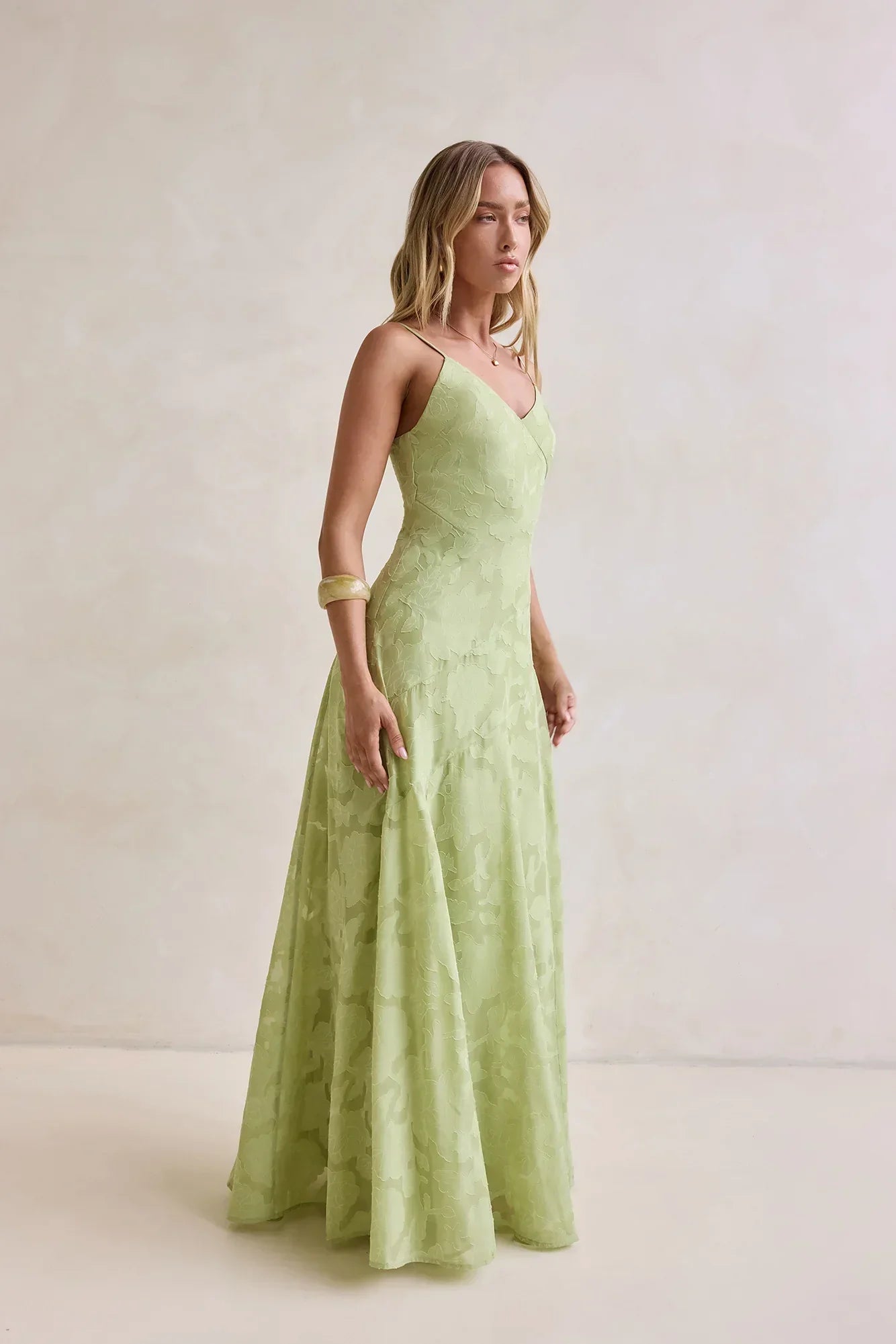 Light Green Spaghetti Strap V Neck Floral Burnout Floor Length Formal Evening Prom Dress