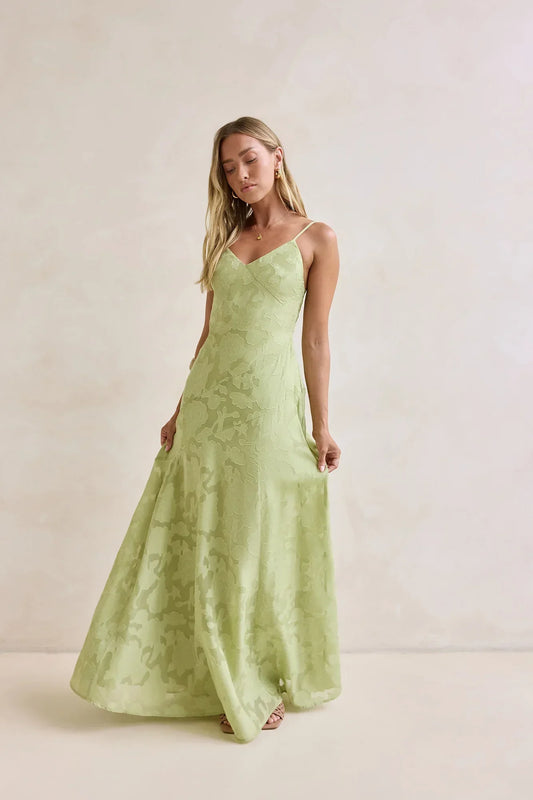 Light Green Spaghetti Strap V Neck Floral Burnout Floor Length Formal Evening Prom Dress