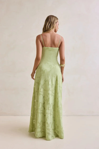 Light Green Spaghetti Strap V Neck Floral Burnout Floor Length Formal Evening Prom Dress