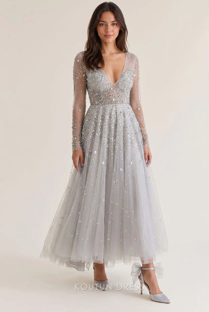 Light Grey Deep V Neck Long Sleeve Sheer Mesh Star Sequin Embellished Open Back A Line Tea Length Prom Dress
