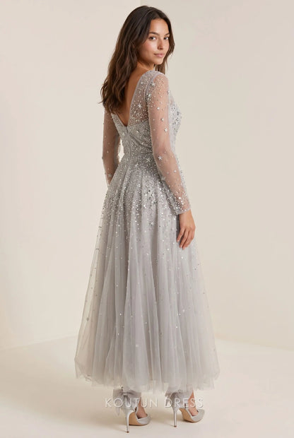 Light Grey Deep V Neck Long Sleeve Sheer Mesh Star Sequin Embellished Open Back A Line Tea Length Prom Dress