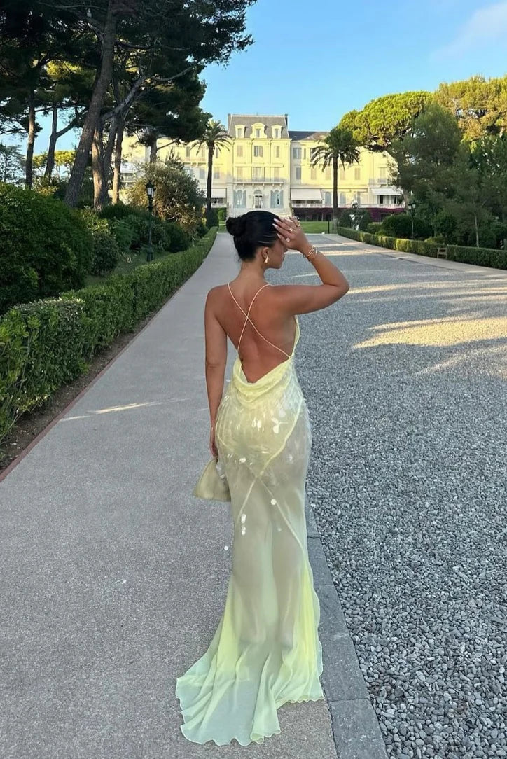 Light Yellow Sequin Embellished Spaghetti Strap Cross Back Sheer Mermaid Floor Length Prom Dress