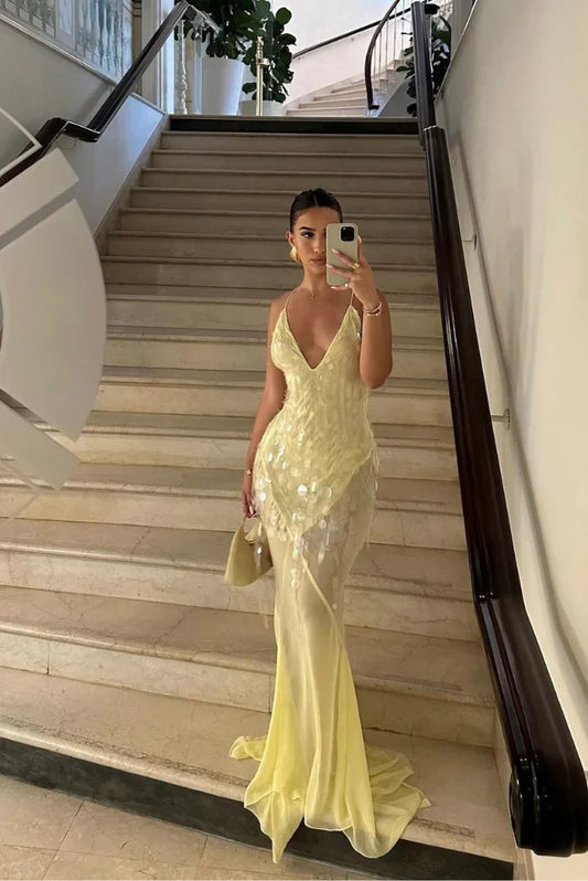 Light Yellow Sequin Embellished Spaghetti Strap Cross Back Sheer Mermaid Floor Length Prom Dress