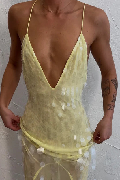 Light Yellow Sequin Embellished Spaghetti Strap Cross Back Sheer Mermaid Floor Length Prom Dress