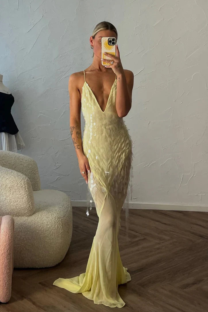 Light Yellow Sequin Embellished Spaghetti Strap Cross Back Sheer Mermaid Floor Length Prom Dress