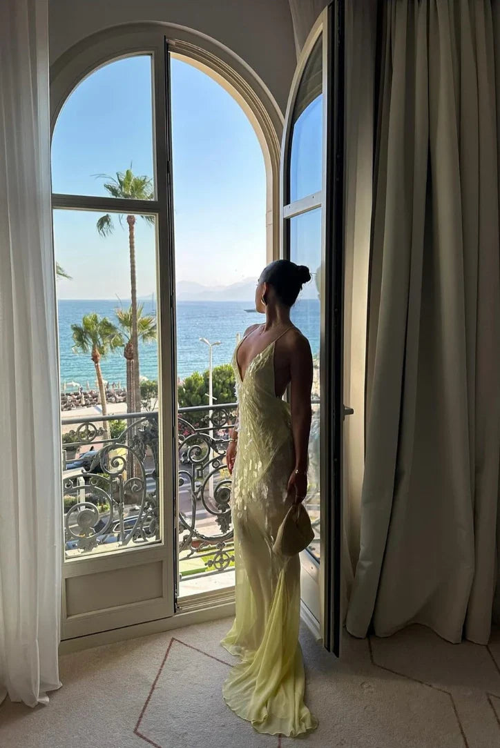 Light Yellow Sequin Embellished Spaghetti Strap Cross Back Sheer Mermaid Floor Length Prom Dress